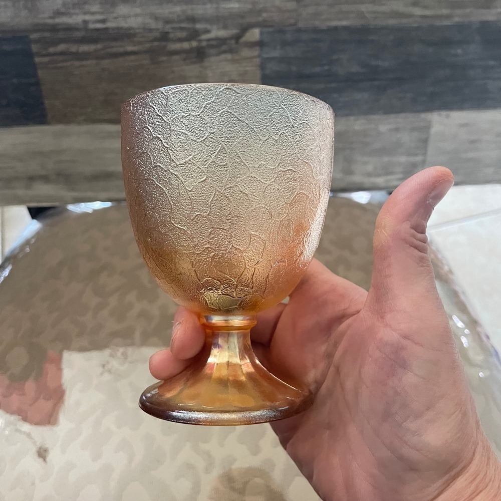 Vintage Jeannette Glass Marigold Carnival Glass Goblet Tree Bark Pattern Footed